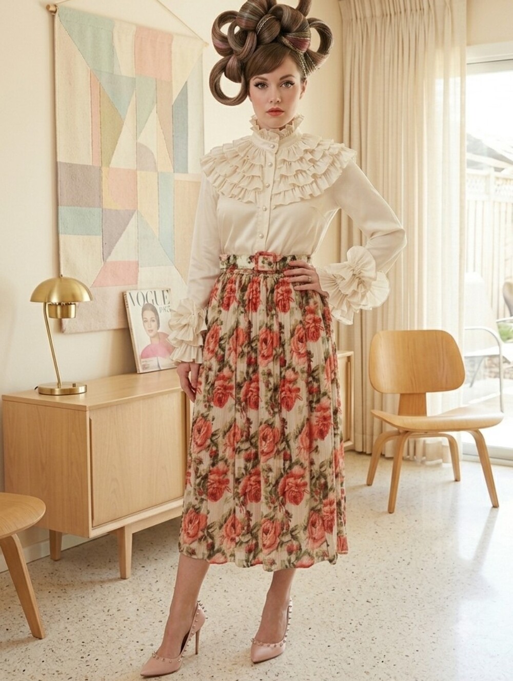 Susan Bristol🌹VINTAGE Slightly Sheer Cream Midi Skirt with Pink Rose Print Sz S